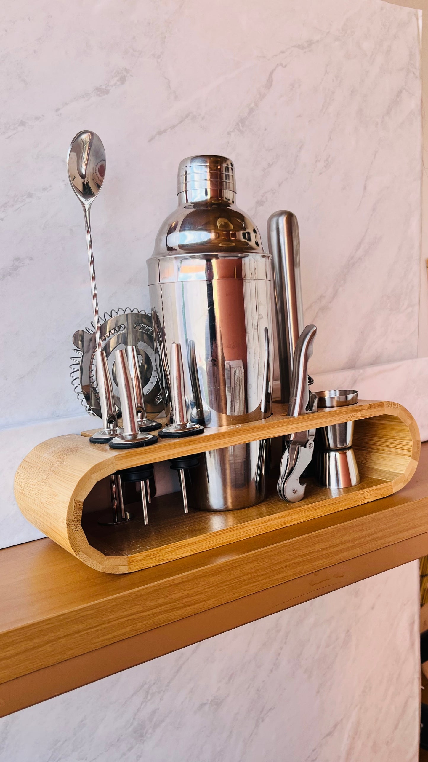 Kit Homebar 12 Peças Inox Suporte Madeira Coqueteleira 700ml