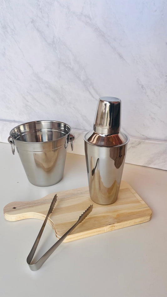 Kit Bar Coqueteleira, Balde e Pegador Inox