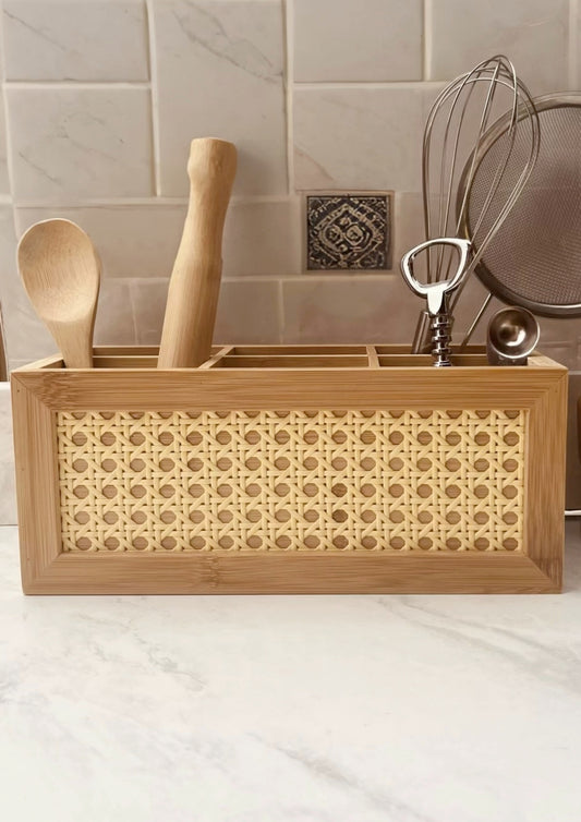 Porta Talher Organizador em Bambu com Palinha