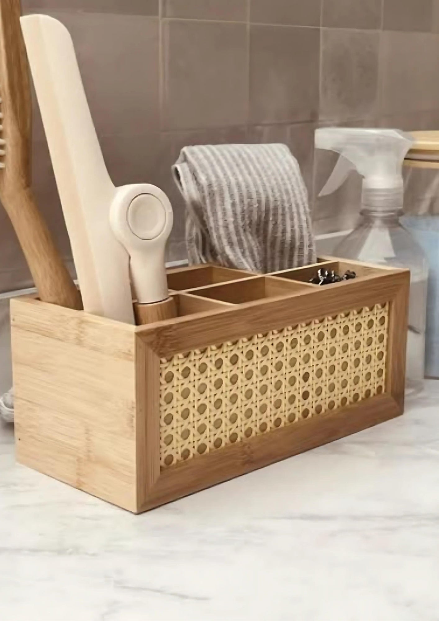 Porta Talher Organizador em Bambu com Palinha